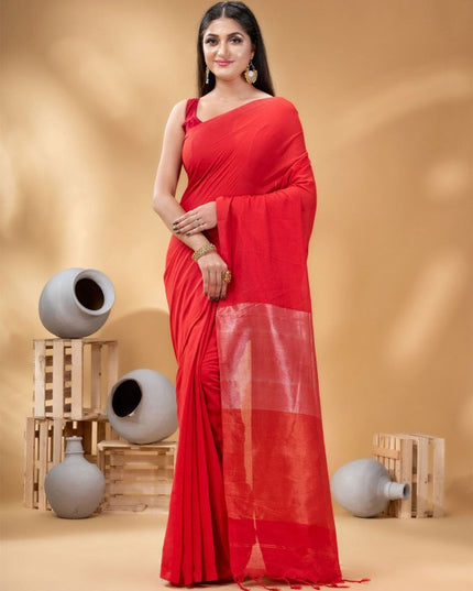 Exquisite Red Taant Saree for Women: Traditional Woven Design, Ready-to-Wear Elegance