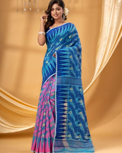 Exquisite Pink & Blue Pure Cotton Jamdani Saree with Woven Design Border
