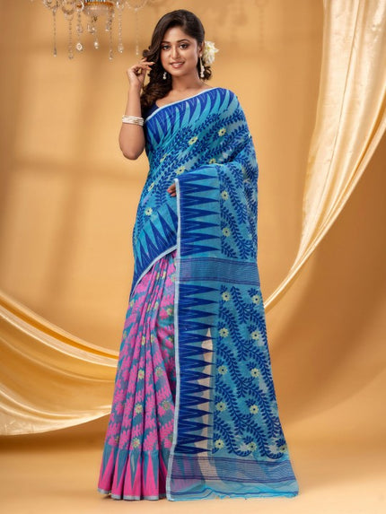 Exquisite Pink & Blue Pure Cotton Jamdani Saree with Woven Design Border