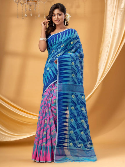 Exquisite Pink & Blue Pure Cotton Jamdani Saree with Woven Design Border