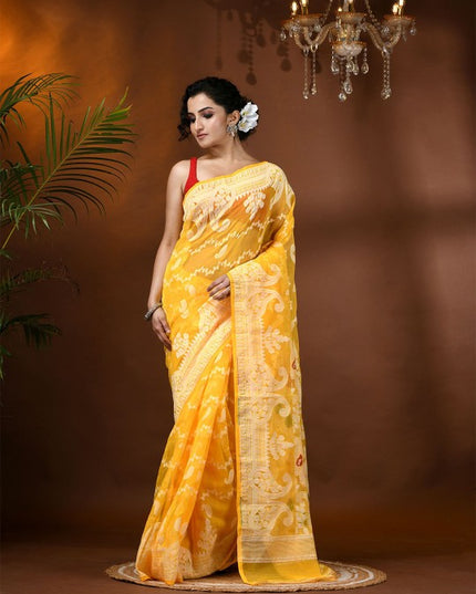 Exquisite Yellow Jamdani Saree with Woven Zari Design, Cotton Blend