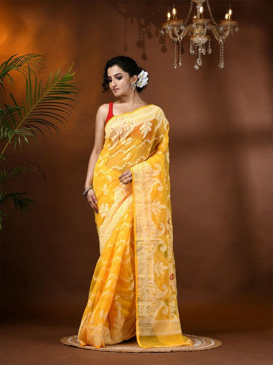 Exquisite Yellow Jamdani Saree with Woven Zari Design, Cotton Blend