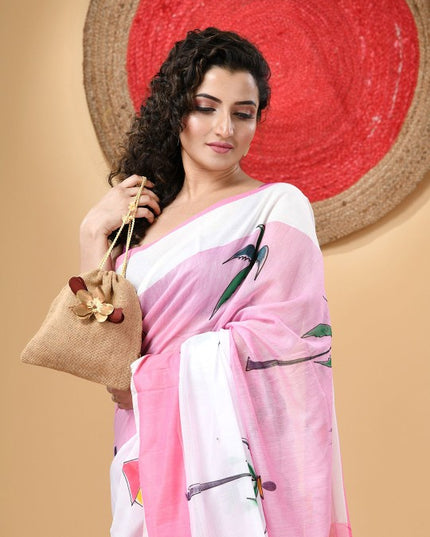 DESH BIDESH Pink & White Pure Cotton Taant Saree with Ethnic Motifs