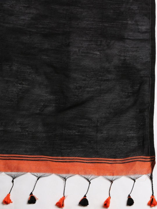 Exquisite Striped Silk Cotton Saree in Orange and Black with Solid Border