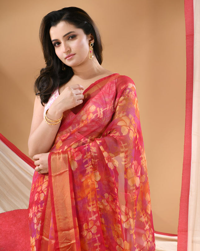 Floral Printed Zari Bandhani Saree