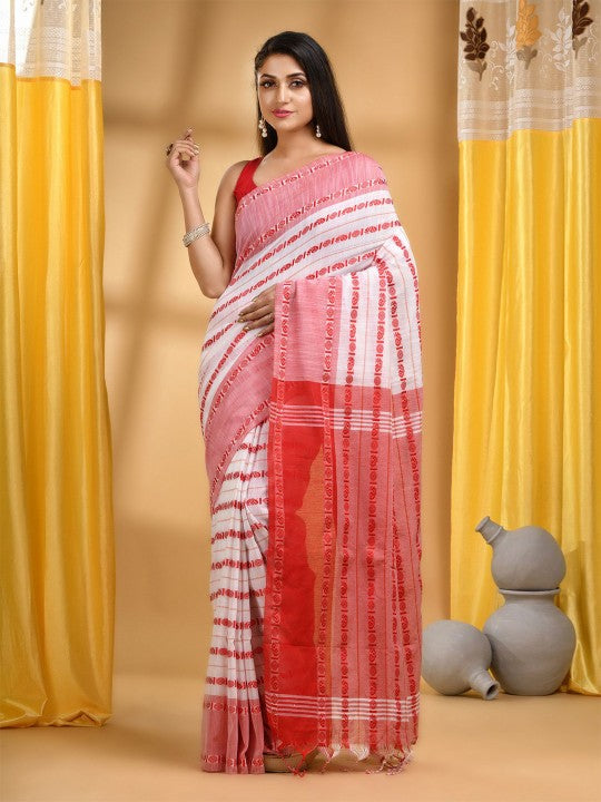 DESH BIDESH Woven Design Pure Cotton Taant Saree With Unstitched Blouse Piece