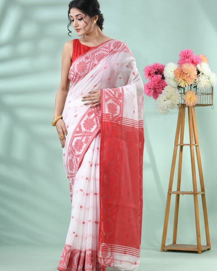 Exquisite White & Red Handloom Saree: Floral Woven Design, Cotton Blend for Women