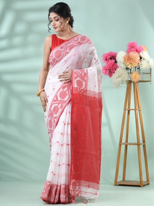Exquisite White & Red Handloom Saree: Floral Woven Design, Cotton Blend for Women