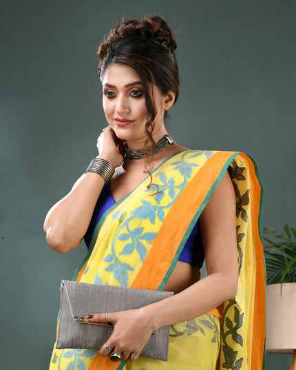 Yellow Pure Cotton Handloom Botanic Design Tant Saree (No Blouse Piece)