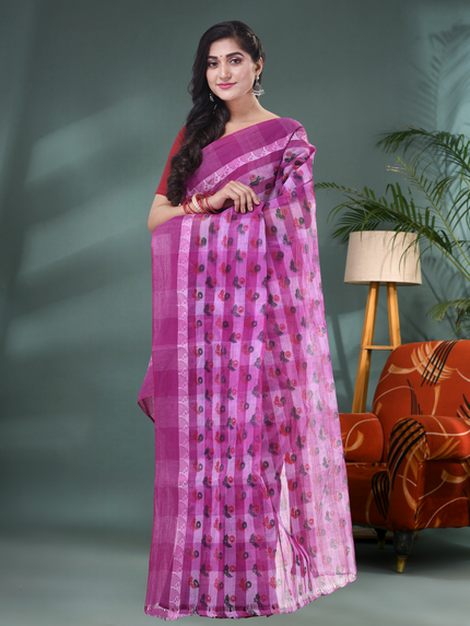 Women’s Bengal Tant Banphul Print Pure Handloom Cotton Saree – Without Blouse Piece
