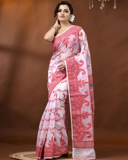 DESH BIDESH Women's Exquisite Red & White Woven Jamdani Saree with Solid Border