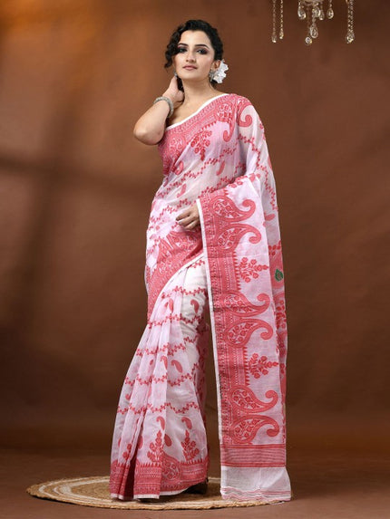 DESH BIDESH Women's Exquisite Red & White Woven Jamdani Saree with Solid Border