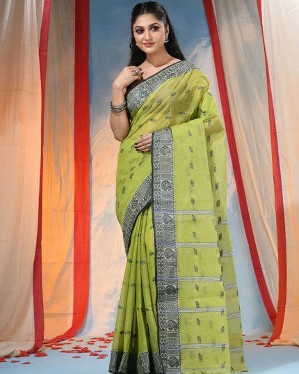 DESH BIDESH Women's Green Floral Pure Cotton Handloom Saree with Woven Design