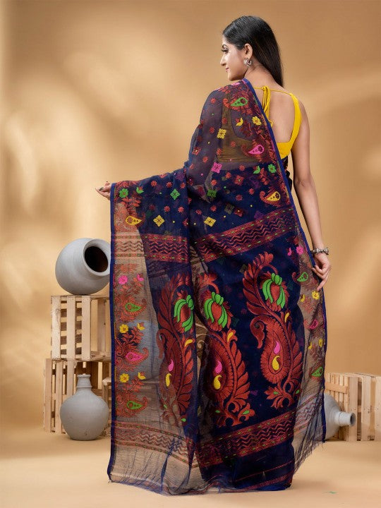 Exquisite Navy Blue Pure Cotton Jamdani Saree with Ethnic Motifs