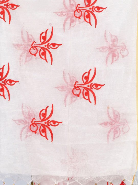 Exquisite White & Red Woven Ethnic Motifs Embroidered Saree with Blouse Piece