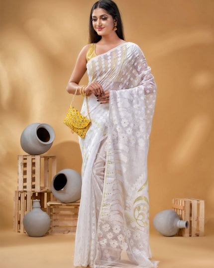 Exquisite White & Gold Pure Cotton Jamdani Saree with Woven Zari Border