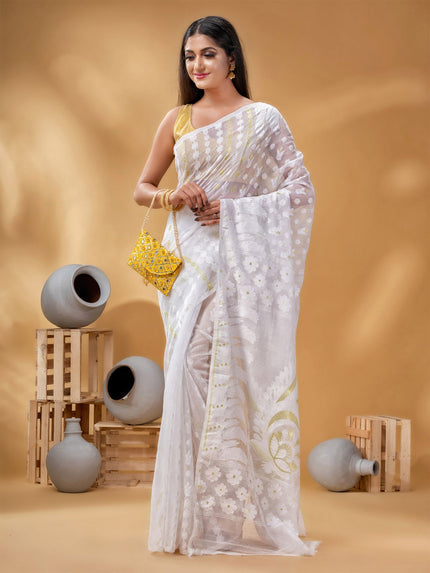 Exquisite White & Gold Pure Cotton Jamdani Saree with Woven Zari Border