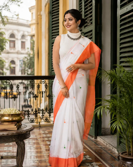 Women's Tri Color Pure Cotton Khadi Handloom Saree Mashal Design with Blouse Piece – Independence Day Special (Orange, White & Green)