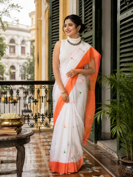 Women's Tri Color Pure Cotton Khadi Handloom Saree Mashal Design with Blouse Piece – Independence Day Special (Orange, White & Green)