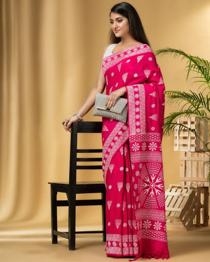 DESH BIDESH Pink & White Paisley Pure Cotton Designer Taant Saree for Women