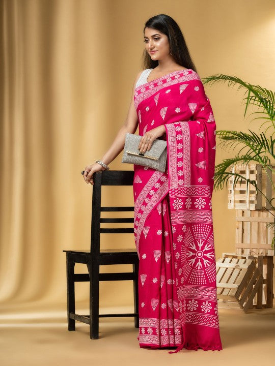 DESH BIDESH Pink & White Paisley Pure Cotton Designer Taant Saree for Women