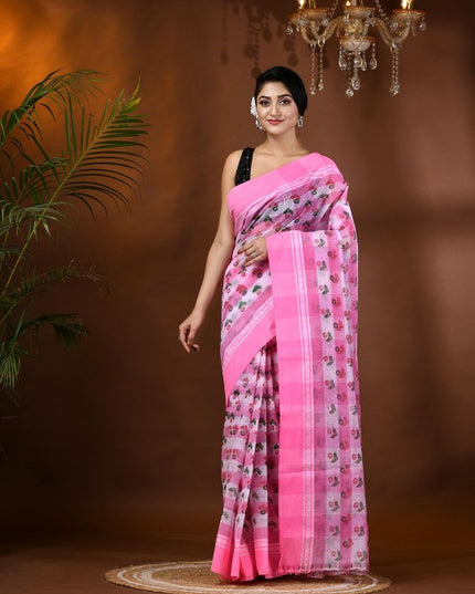 Exquisite Pink & White Pure Cotton Tant Saree with Ethnic Motifs