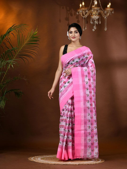 Exquisite Pink & White Pure Cotton Tant Saree with Ethnic Motifs