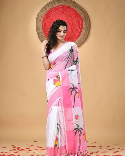 DESH BIDESH Pink & White Pure Cotton Taant Saree with Ethnic Motifs