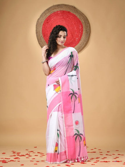 DESH BIDESH Pink & White Pure Cotton Taant Saree with Ethnic Motifs
