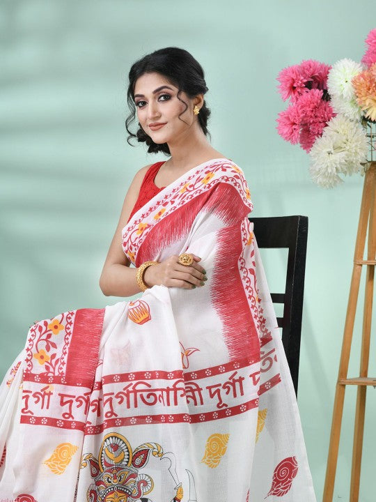 DESH BIDESH Traditional Printed Pure Cotton Saree with Unstitched Blouse Piece