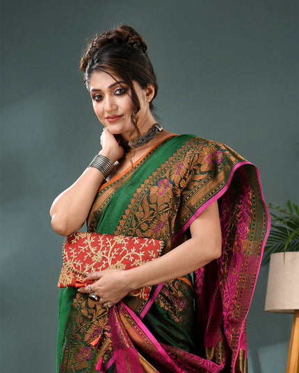 DESH BIDESH Elegant Green Gold Pink Kanjeevaram Silk Cotton Saree