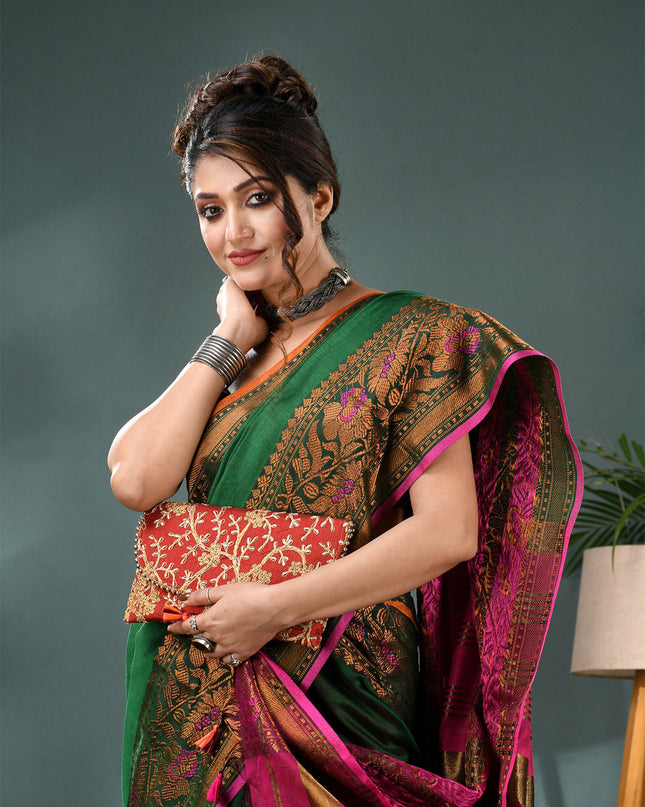 DESH BIDESH Elegant Green Gold Pink Kanjeevaram Silk Cotton Saree