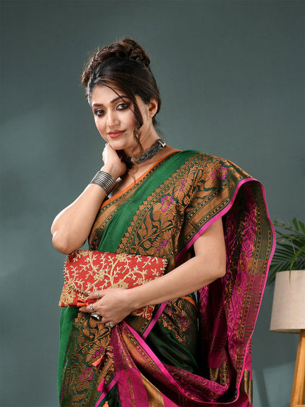 DESH BIDESH Elegant Green Gold Pink Kanjeevaram Silk Cotton Saree