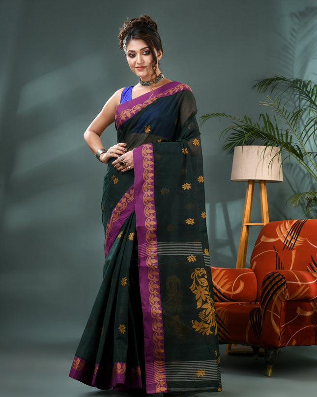 Women Cotton Handloom Tant Midnight Flora Design Saree – Dark Green