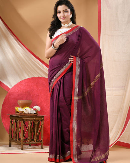 DESH BIDESH Solid Pure Cotton Saree With Embroidered Border