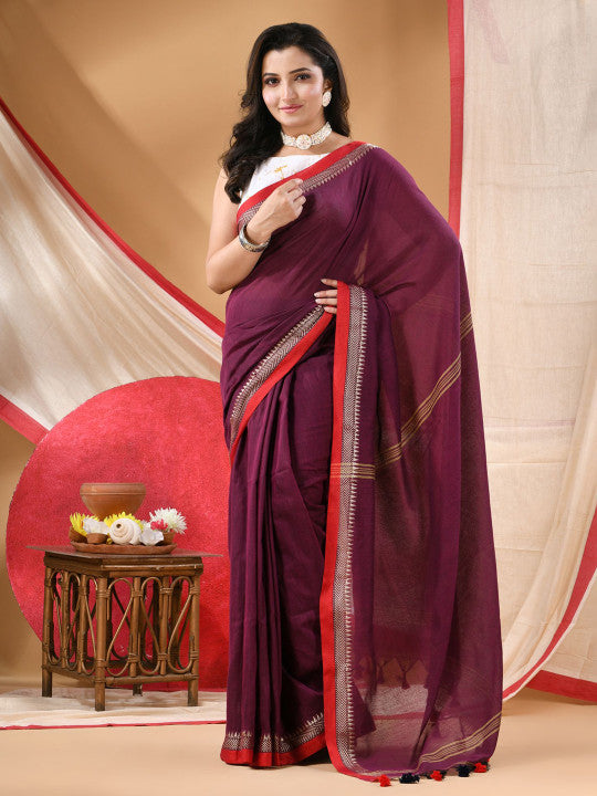 DESH BIDESH Solid Pure Cotton Saree With Embroidered Border