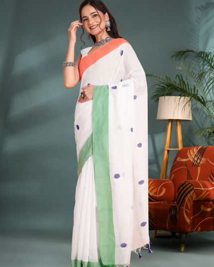 Women's Tri Color Handloom Pure Cotton Saree With Blouse Piece – Orange, White, Green (Independence Day Special)