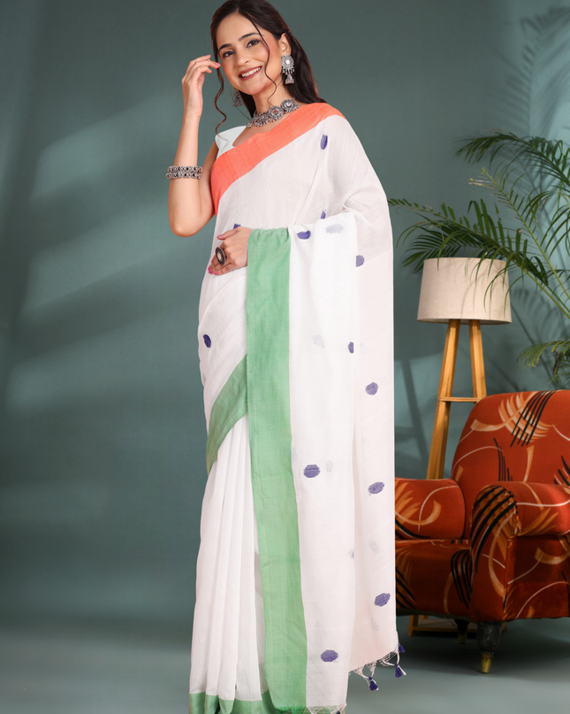 Women's Tri Color Handloom Pure Cotton Saree With Blouse Piece – Orange, White, Green (Independence Day Special)