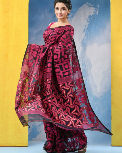 DESH BIDESH Ethnic Motifs Handloom Jamdani Saree with Contrast Border