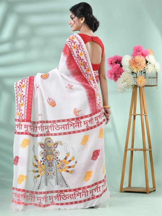 DESH BIDESH Traditional Printed Pure Cotton Saree with Unstitched Blouse Piece