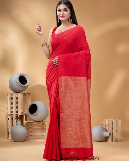 DESH BIDESH Elegant Red Pure Cotton Solid Saree with No Border