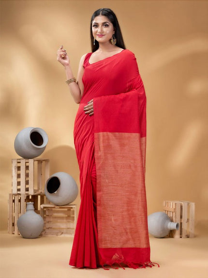 DESH BIDESH Elegant Red Pure Cotton Solid Saree with No Border