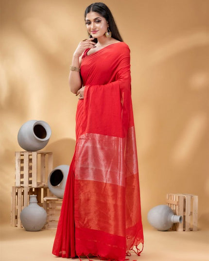 Exquisite Red Woven Design Taant Saree for Women - Traditional Indian Wear