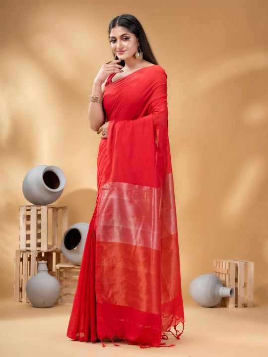 Exquisite Red Taant Saree for Women: Traditional Woven Design, Ready-to-Wear Elegance
