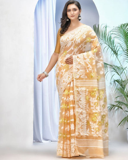 DESH BIDESH Women's Off-White Pure Cotton Jamdani Saree with Floral Woven Design