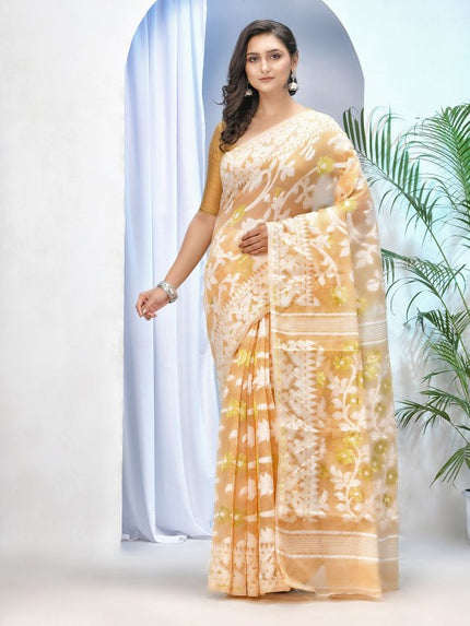 DESH BIDESH Women's Off-White Pure Cotton Jamdani Saree with Floral Woven Design