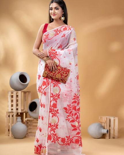 Elegant Pure Cotton Jamdani Saree with Woven Zari Design, Red & White