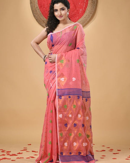Exquisite Pink & Purple Floral Woven Design Jamdani Saree with Blouse Piece