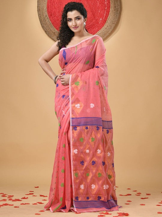 Exquisite Pink & Purple Floral Woven Design Jamdani Saree with Blouse Piece