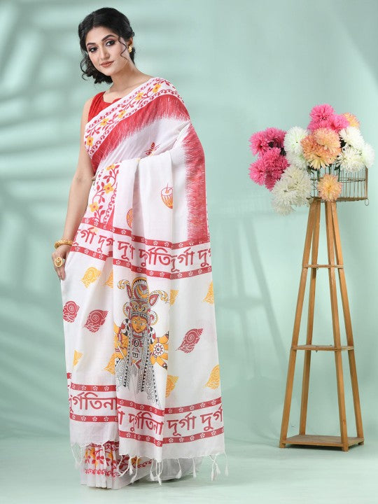 DESH BIDESH Traditional Printed Pure Cotton Saree with Unstitched Blouse Piece